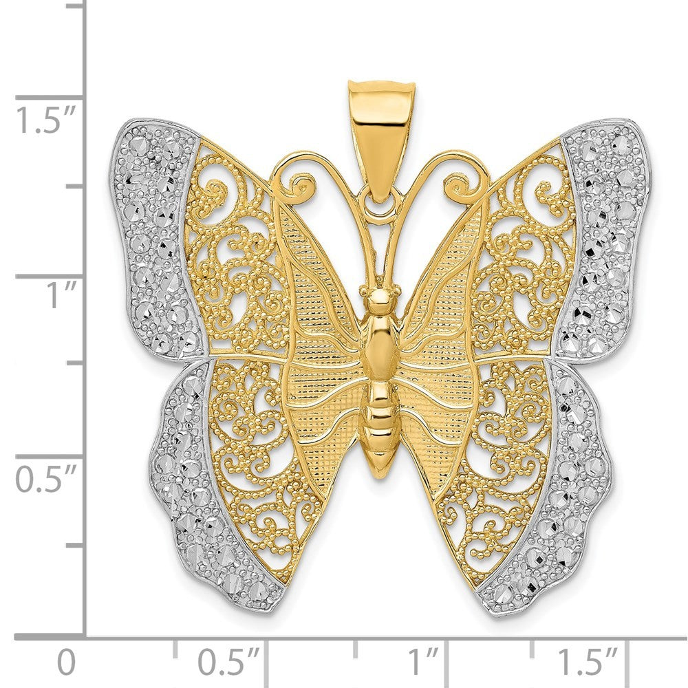 14k Yellow Gold w Rhodium Solid Polished Diamond-cut Filigree Butterfly Pendant