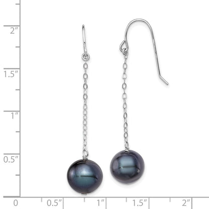 Sterling Silver 9-10mm Black Round Freshwater Cultured Pearl Dangle Earrings