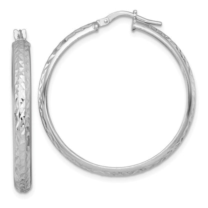 Sterling Silver RH-plated Polished and Diamond-cut Hoop Earrings