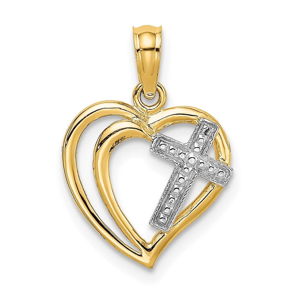14k Yellow Gold W/ Rhodium Cross In Heart Charm