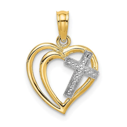 14k Yellow Gold W/ Rhodium Cross In Heart Charm