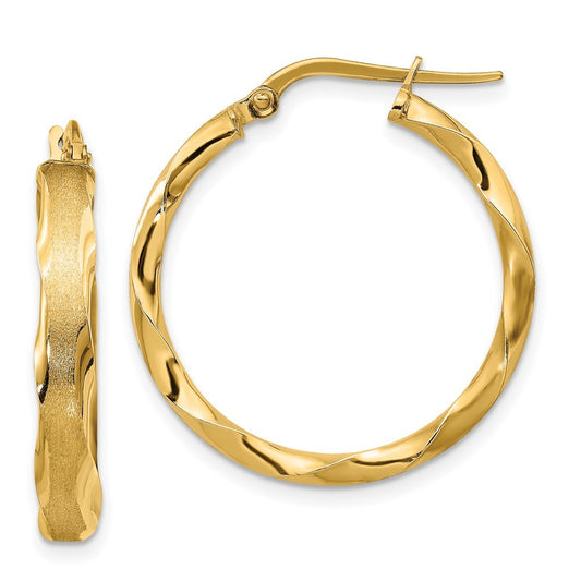 14k Yellow Gold Satin and Polished Scalloped Edge Hoop Earrings