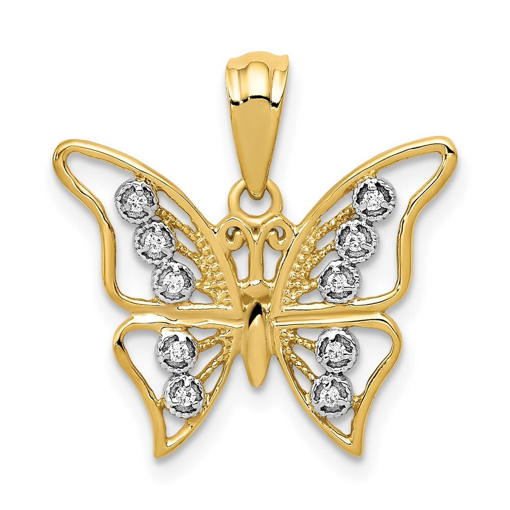 14k Yellow Gold and Rhodium Diamond Butterfly Pendant for Women