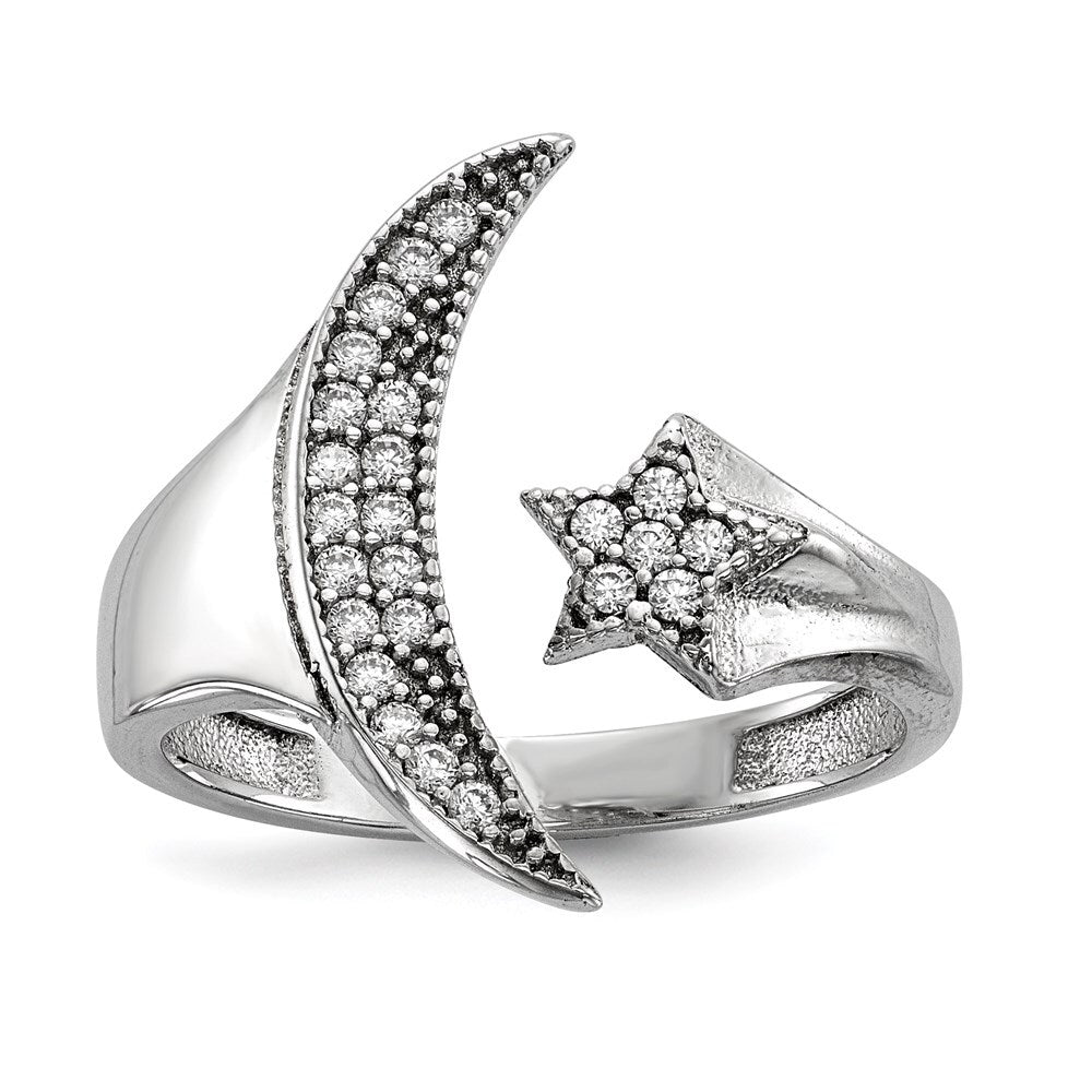 Sterling Silver Rhodium-plated Cubic Zirconia Moon w/Star Polished Ring Size 6