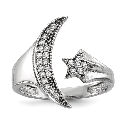 Sterling Silver Rhodium-plated Cubic Zirconia Moon w/Star Polished Ring Size 6