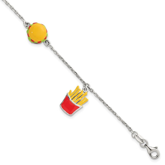 Sterling Silver  Multi-colored Enamel Burger and Fries Bracelet  6" with 1" Ext