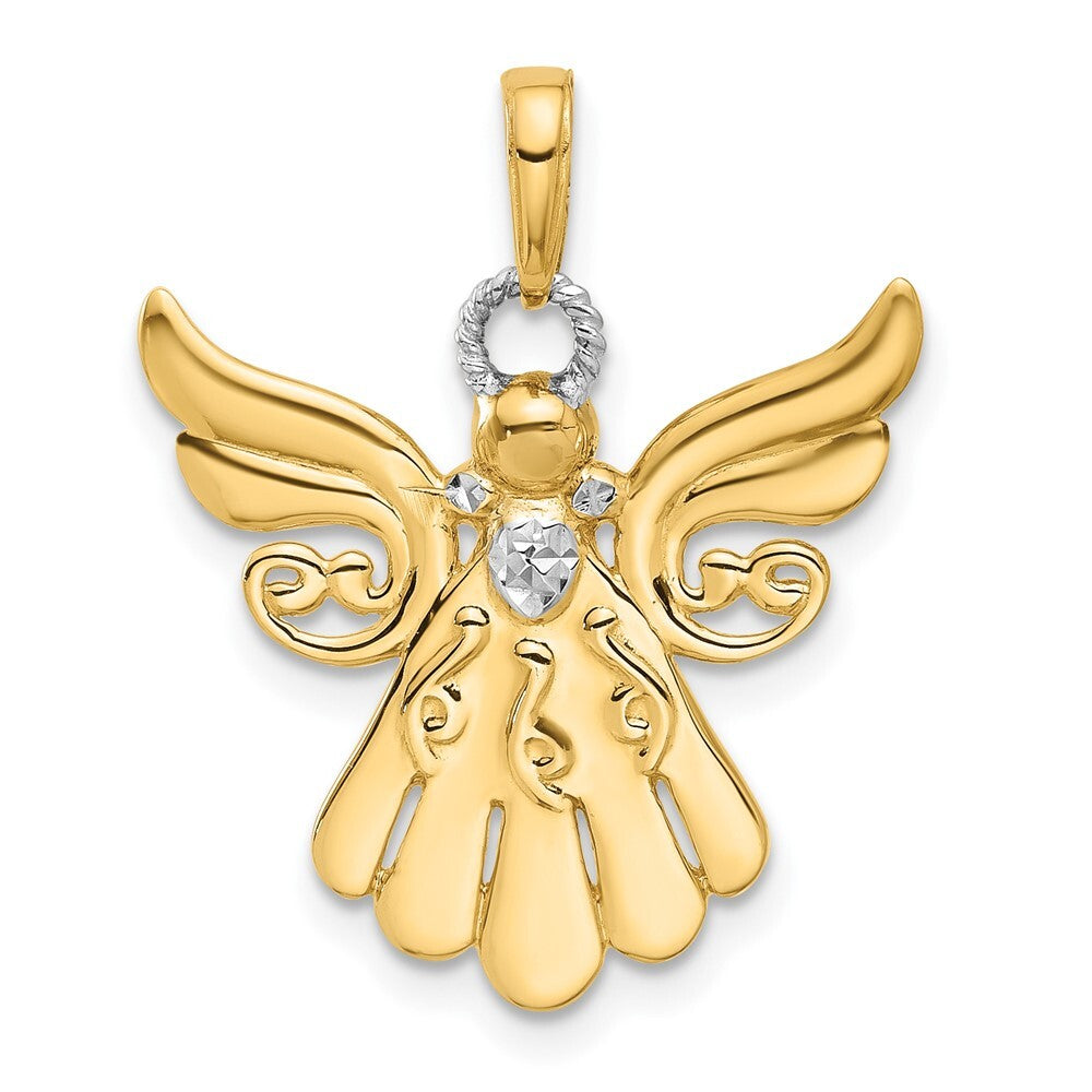 14k Yellow Gold with White Rhodium Diamond-cut Angel Pendant