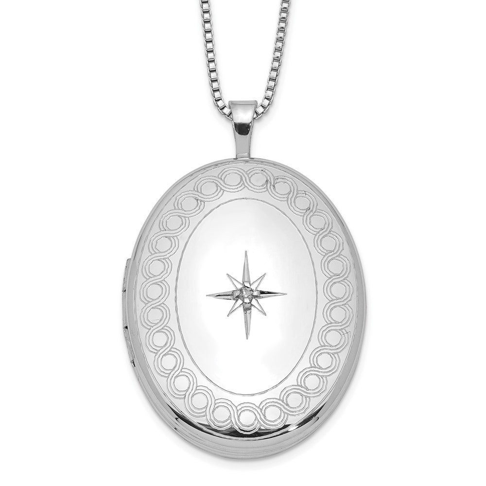 Sterling Silver Rhod-plated 26mm Circle Border Diamond Oval Locket Necklace