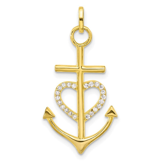 Sterling Silver Gold-tone Cross Cubic Zirconia Heart Anchor Pendant