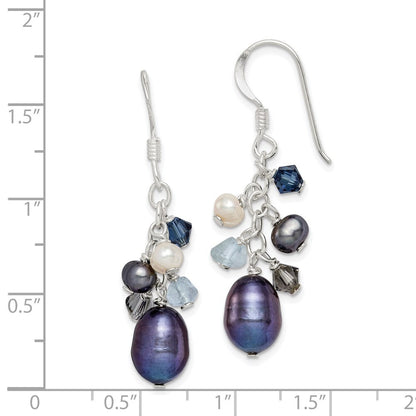 Sterling Silver Polished Blue & Black Crystal Cultured Pearl Dangle Earrings