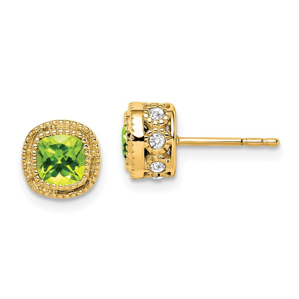 14k Yellow Gold Cushion Peridot and Diamond Stud Earrings