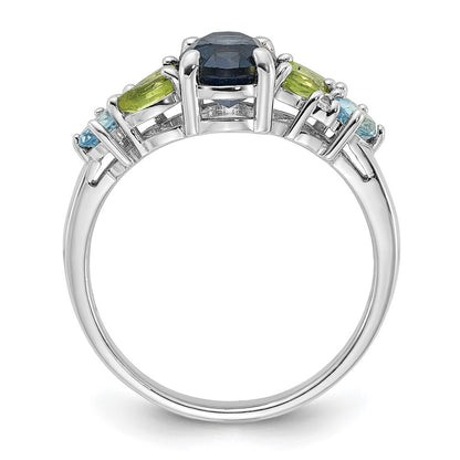 Sterling Silver Rhodium London Lt.Swiss Blue/White Topaz and Peridot Ring