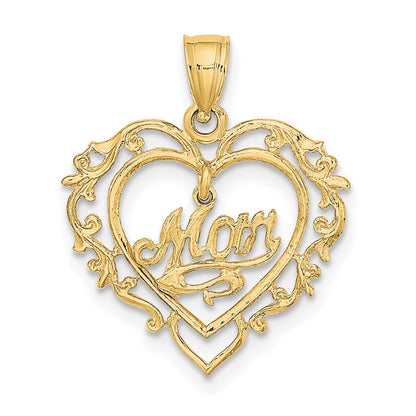 14k Yellow Gold Polished MOM Dangle in Fancy Heart Pendant for Women
