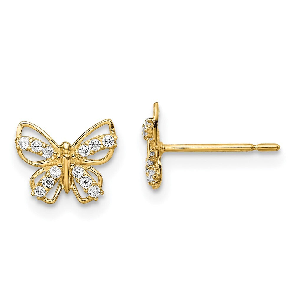 14k Yellow Gold Butterfly Cubic Zirconia Stud Earrings Gift for Women