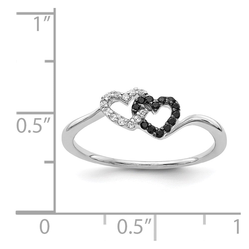 14k White Gold Black and White Diamond Double Heart Ring Size 6