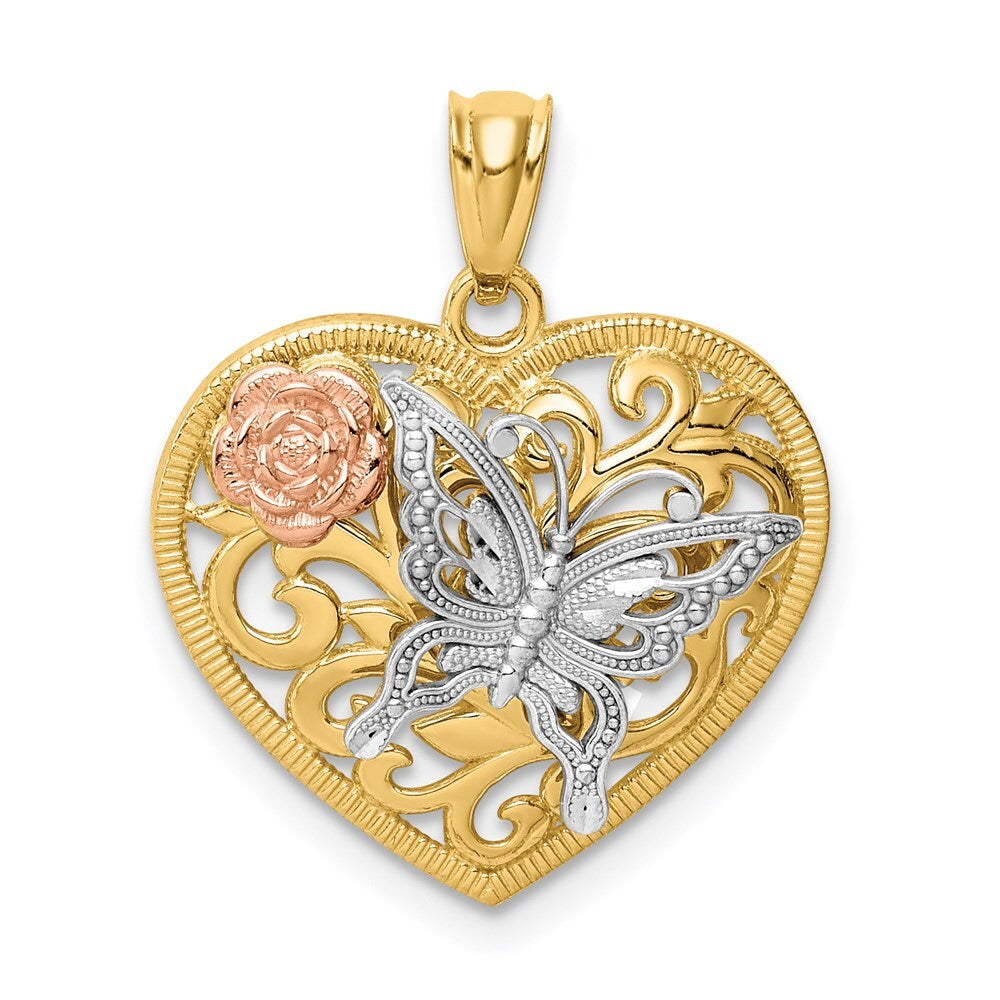 14k Tri-Color Gold Tri color Butterfly Heart Pendant for Women