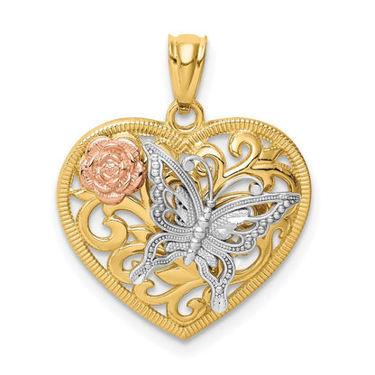 14k Tri-Color Gold Tri color Butterfly Heart Pendant for Women