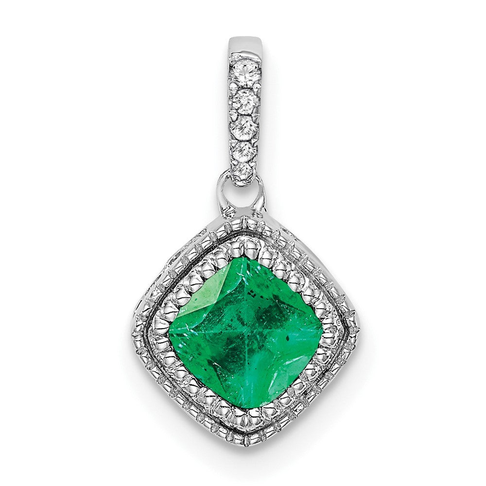 14k White Gold Cushion Emerald and Diamond Pendant