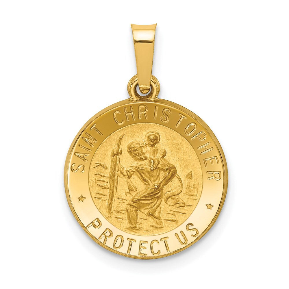 14k Yellow Gold Polished and Satin St. Christopher Medal Hollow Pendant