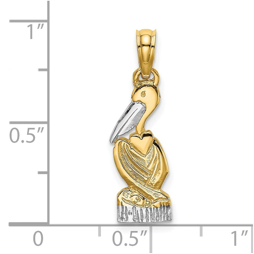 14k Yellow Gold and Rhodium Pelican Standing Charm Pendant for Women
