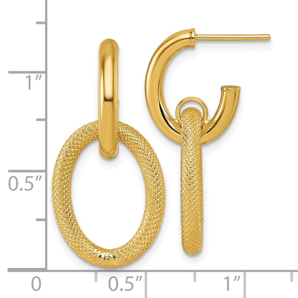 14k Yellow Gold Polished and Textured Oval Dangle C-Hoop Earrings