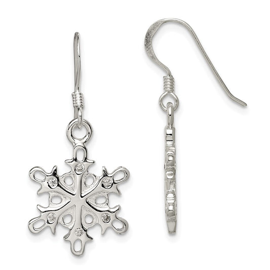 Sterling Silver Polished / Satin Cubic Zirconia Snowflake Dangle Earrings