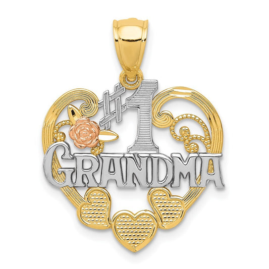14k Two-tone Gold White Rhodium #1 GRANDMA Heart Pendant for Women