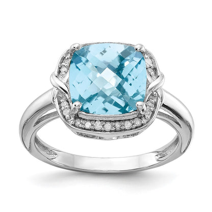 Sterling Silver Rhodium Diamond & Checker-Cut Sky Blue Topaz Ring Size 7