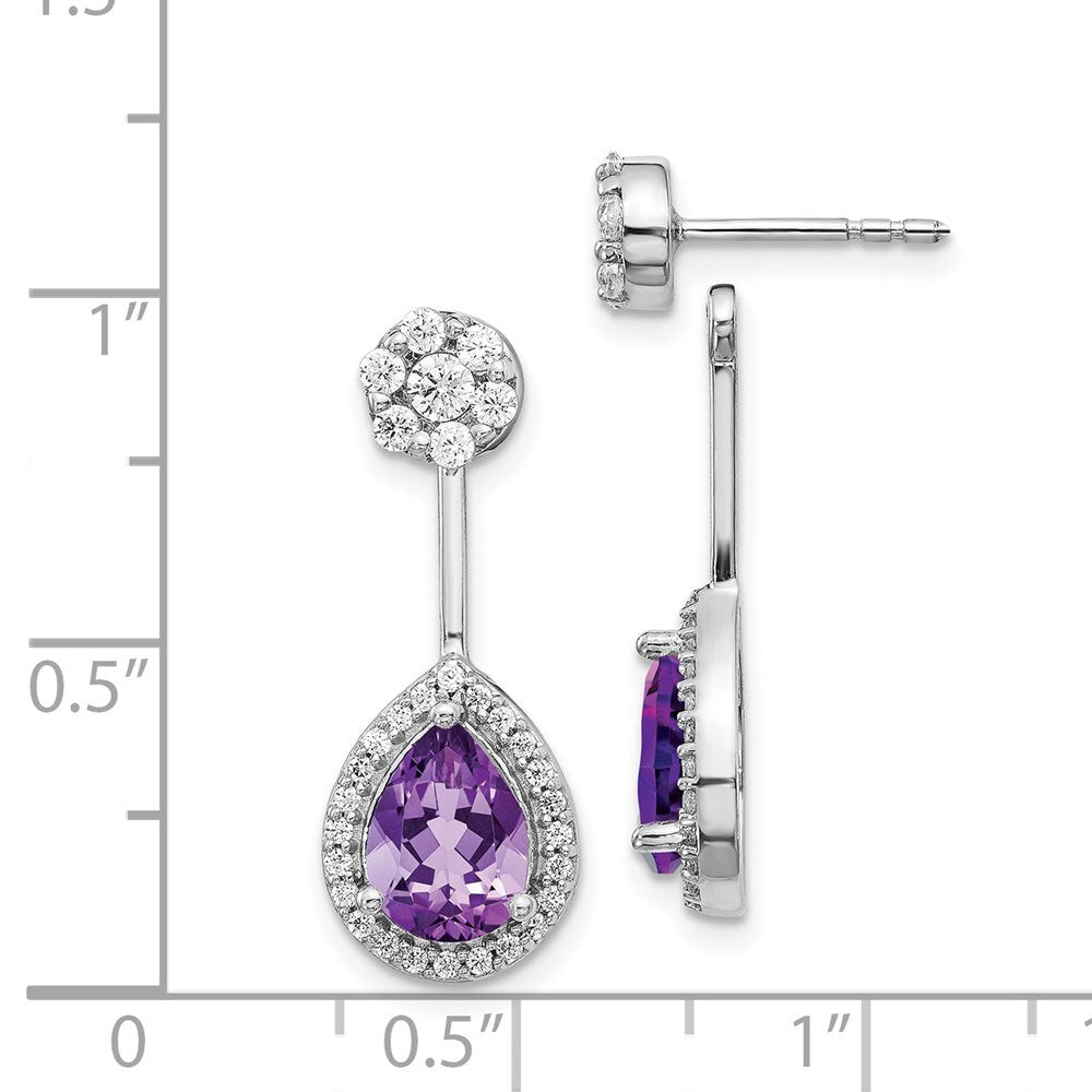 14k White Gold Diamond/Pear Amethyst Front/Back Drop & Dangle Earrings