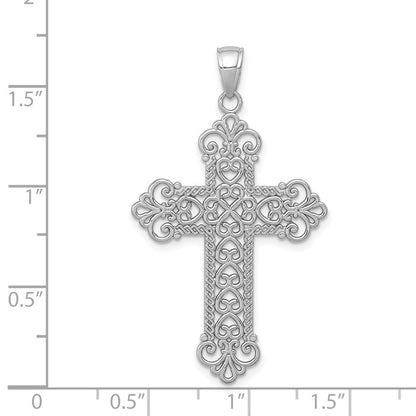 14k White Gold Polished Large Rope Frame Filigree Cross Pendant for Women