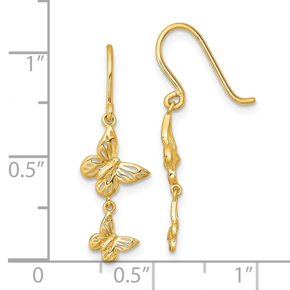 14k Yellow Gold Polished Double Butterfly Shepherd Hook Dangle Earrings