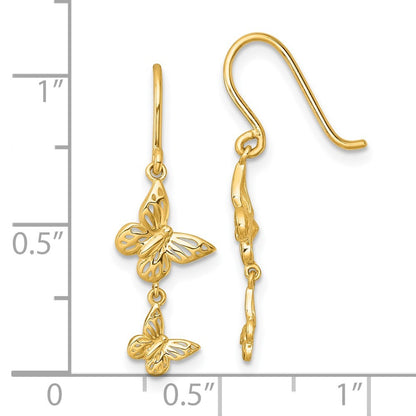 14k Yellow Gold Polished Double Butterfly Shepherd Hook Dangle Earrings