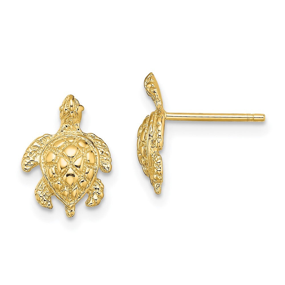 14k Yellow Gold 2-D Textured Sea Turtle Stud Earrings Gift for Women