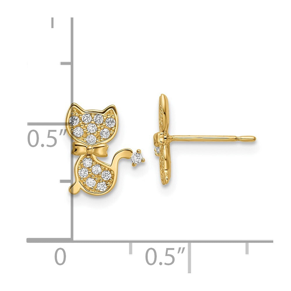 14k Yellow Gold Cubic Zirconia Cat Stud Earrings Gift for Women