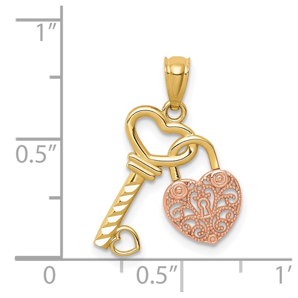 14k Two-tone Gold Polished Filigree Heart Lock and Diamond-cut Key Charm Pendant