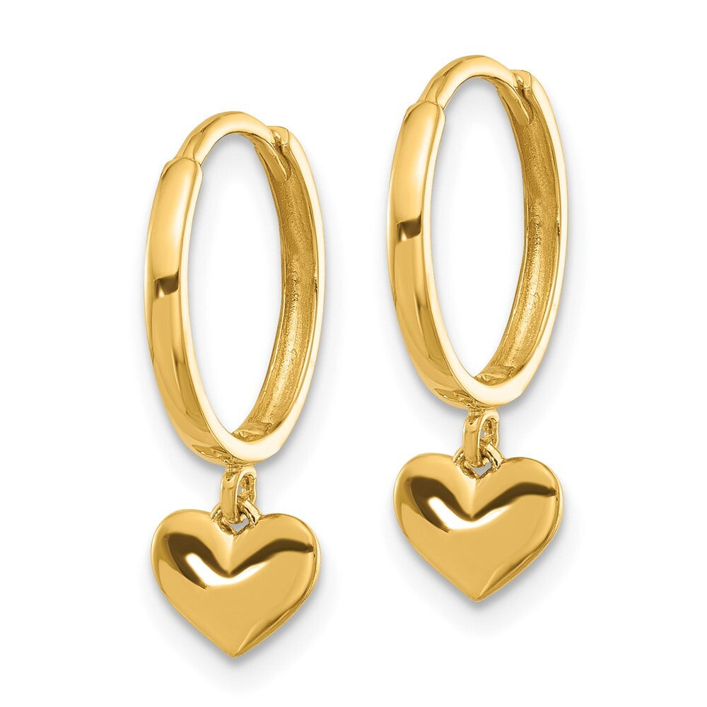 14k Yellow Gold Polished Heart Dangle Huggie Hoop Earrings Gift for Women