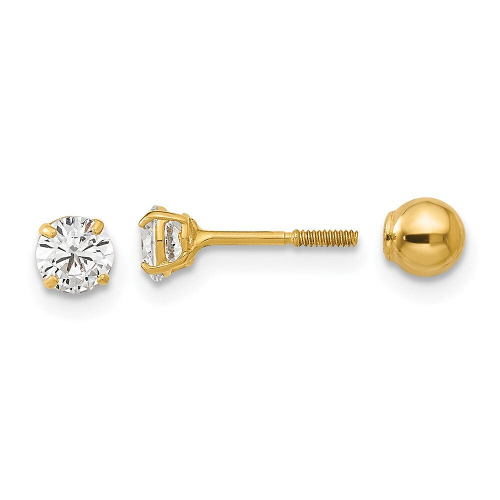 14k Yellow Gold Polished Reversible Ball and Cubic Zirconia Stud Earrings