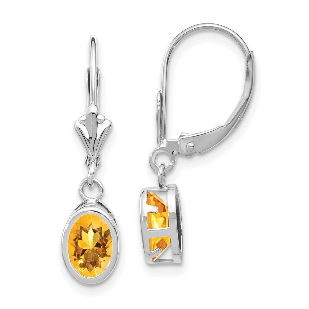 14k White Gold Citrine Oval Dangle Earrings Leverback Gift for Women