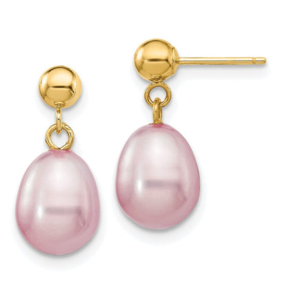 14k Yellow Gold 7-8mm Purple Rice Freshwater Cultured Pearl Post Dangle Earrings