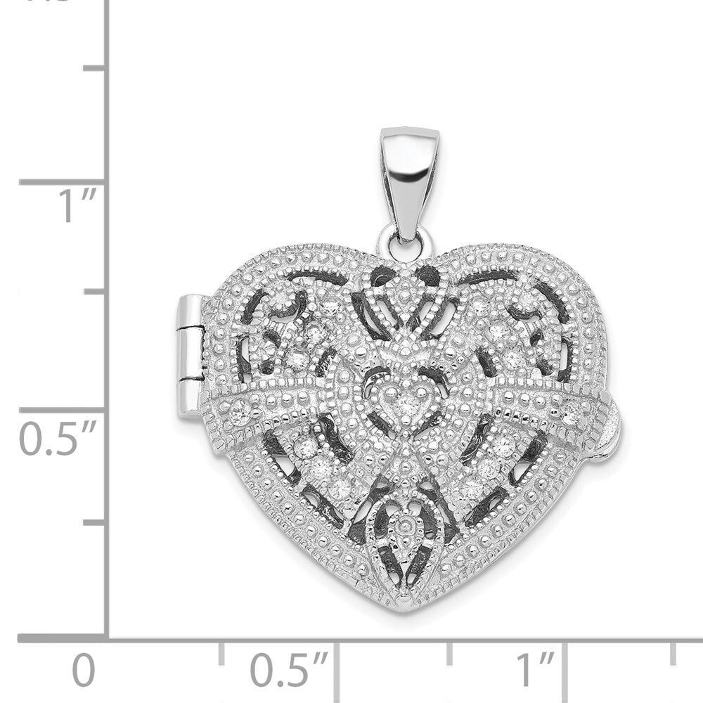 Sterling Silver Cubic Zirconia Fancy Design Heart 22mm Locket Pendant