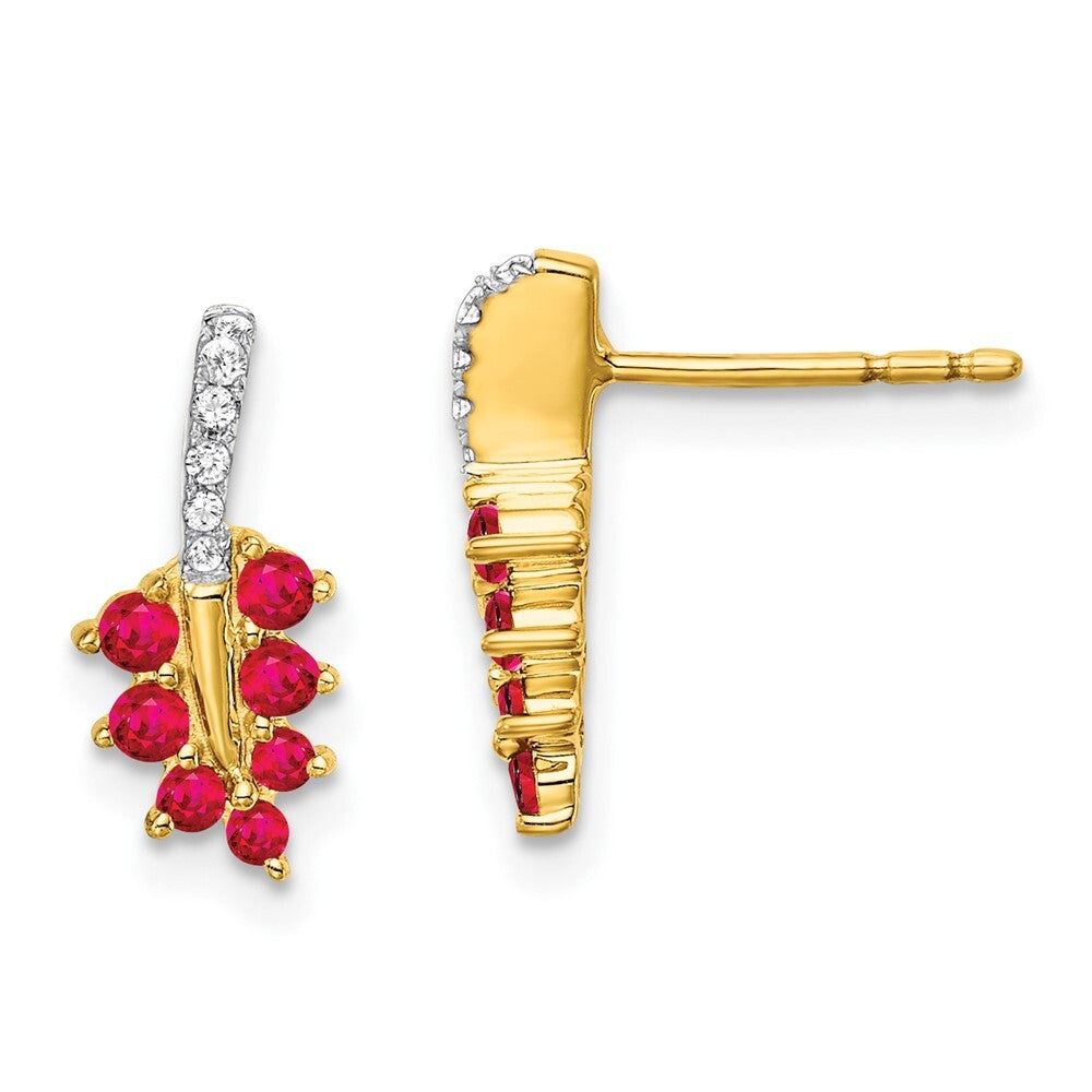 14k Yellow Gold Ruby and Diamond Leaf Drop & Dangle Earrings