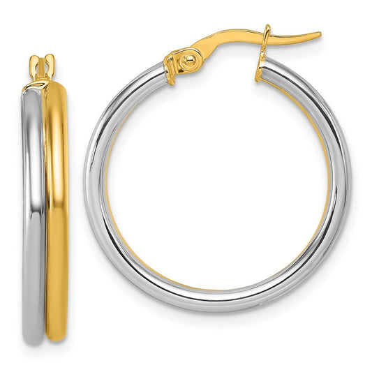 14k Yellow Gold with White Rhodium Polished 4mm x 24mm Round Hoop Earrings