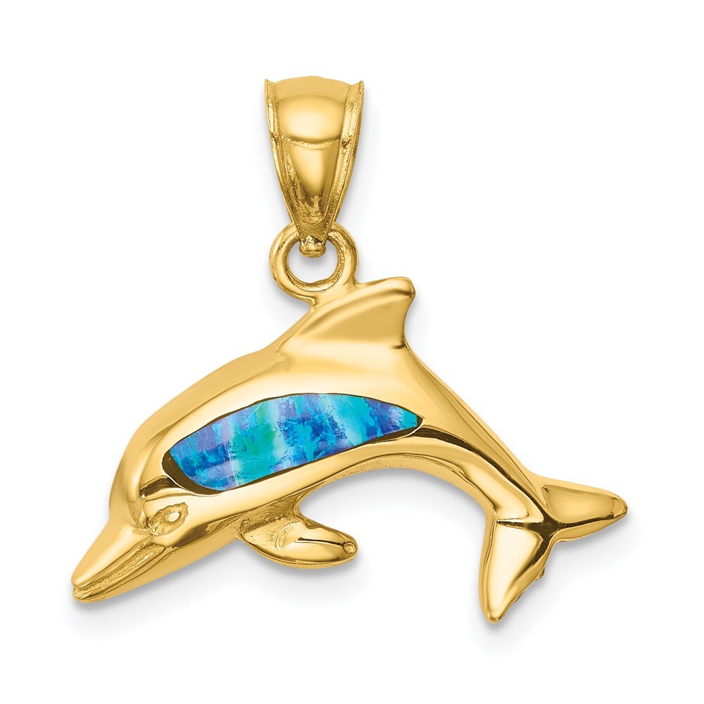 14k Yellow Gold Lab Created Opal Dolphin Pendant for Women