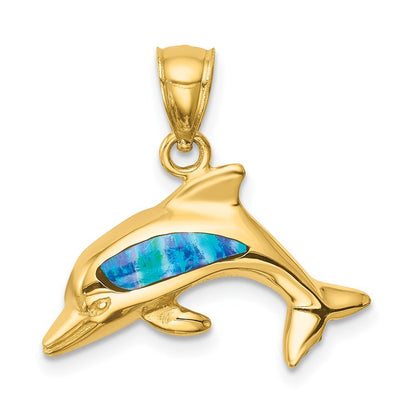 14k Yellow Gold Lab Created Opal Dolphin Pendant for Women
