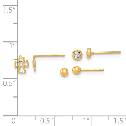 14k Gold Polished Set of Ball Cross & Cubic Zirconia Stud Earrings 3 Pair Set