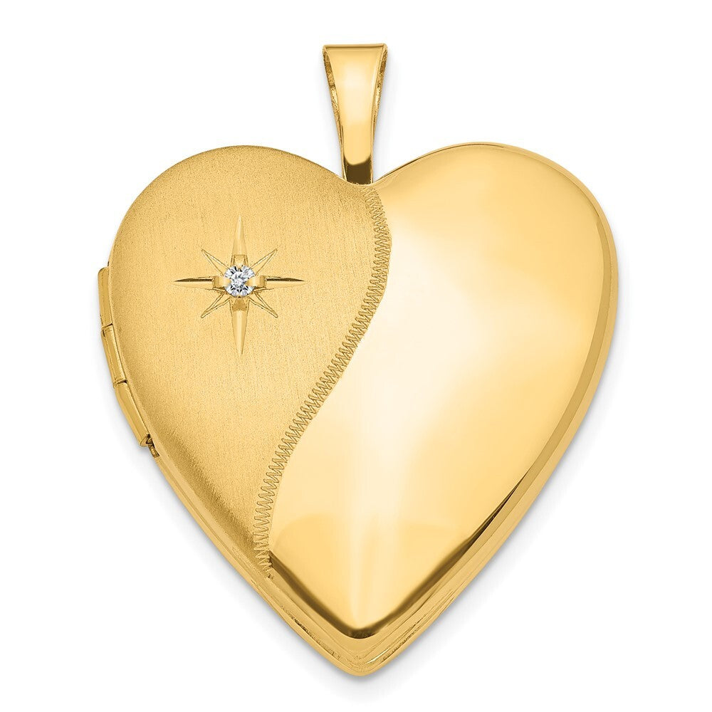 14k Yellow Gold 20mm Diamond Polished and Satin Heart Locket Pendant for Women