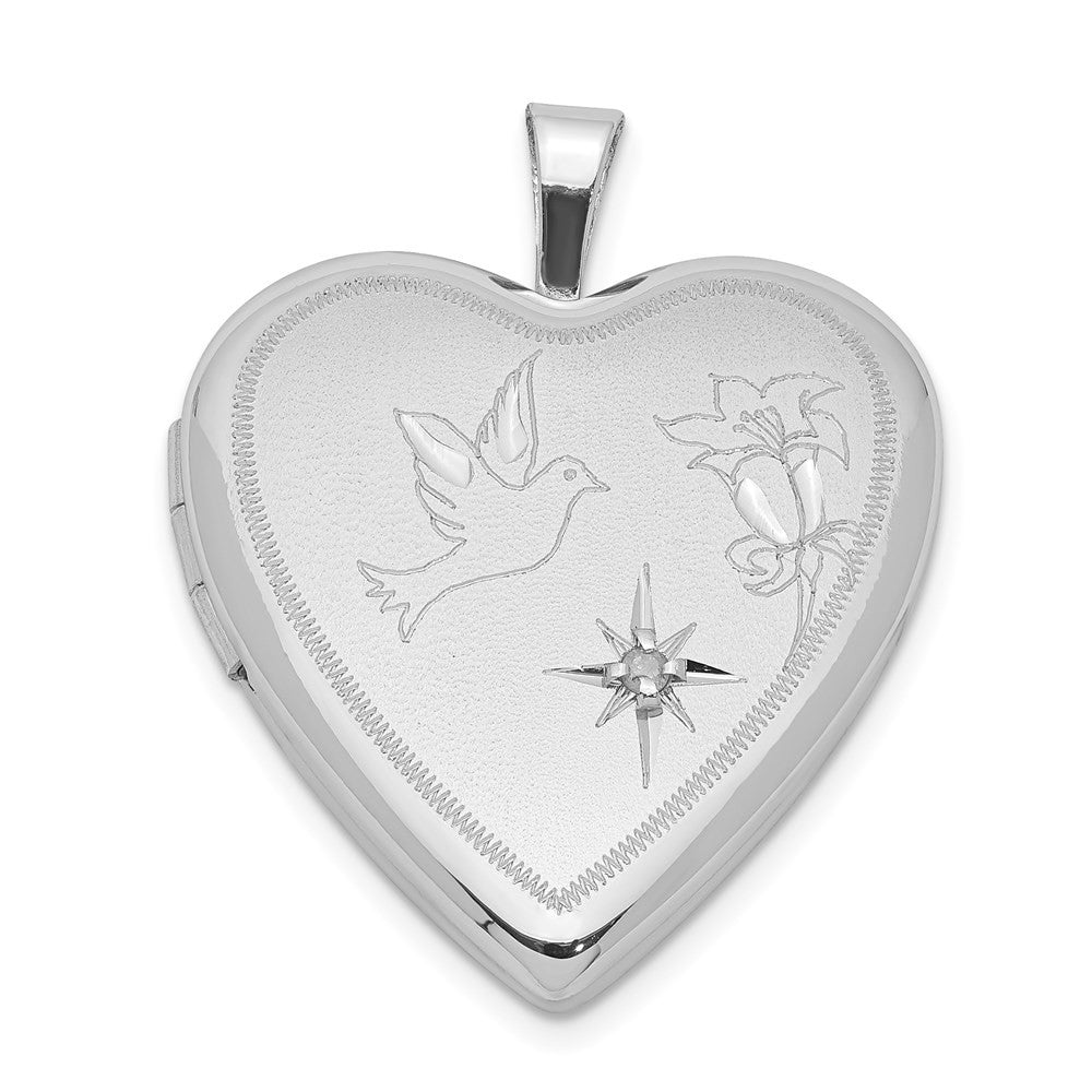 Sterling Silver Rhodium-plated Diamond Diamond-Cut Dove & Flower Heart Locket