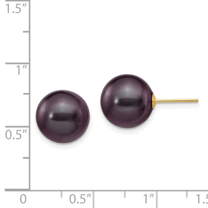14k Yellow Gold 10-11mm Black Round Freshwater Cultured Pearl Stud Earrings