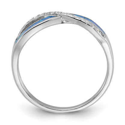 Sterling Silver RH-plated CZ and Blue Cr. Opal Inlay Infinity Symbol Ring Size 7