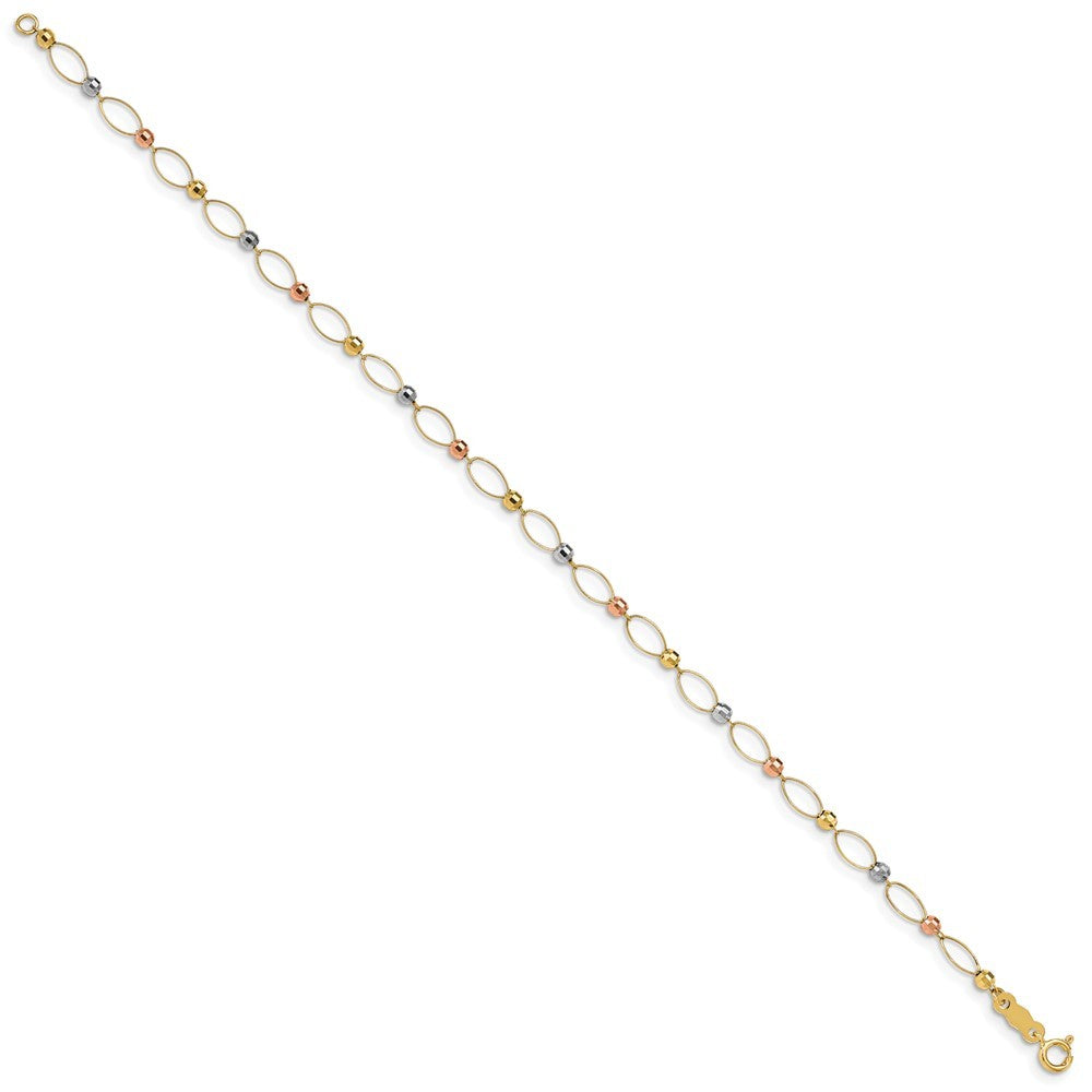 14K Tri-color Oval Link with Mirror Beads 7 inch Bracelet